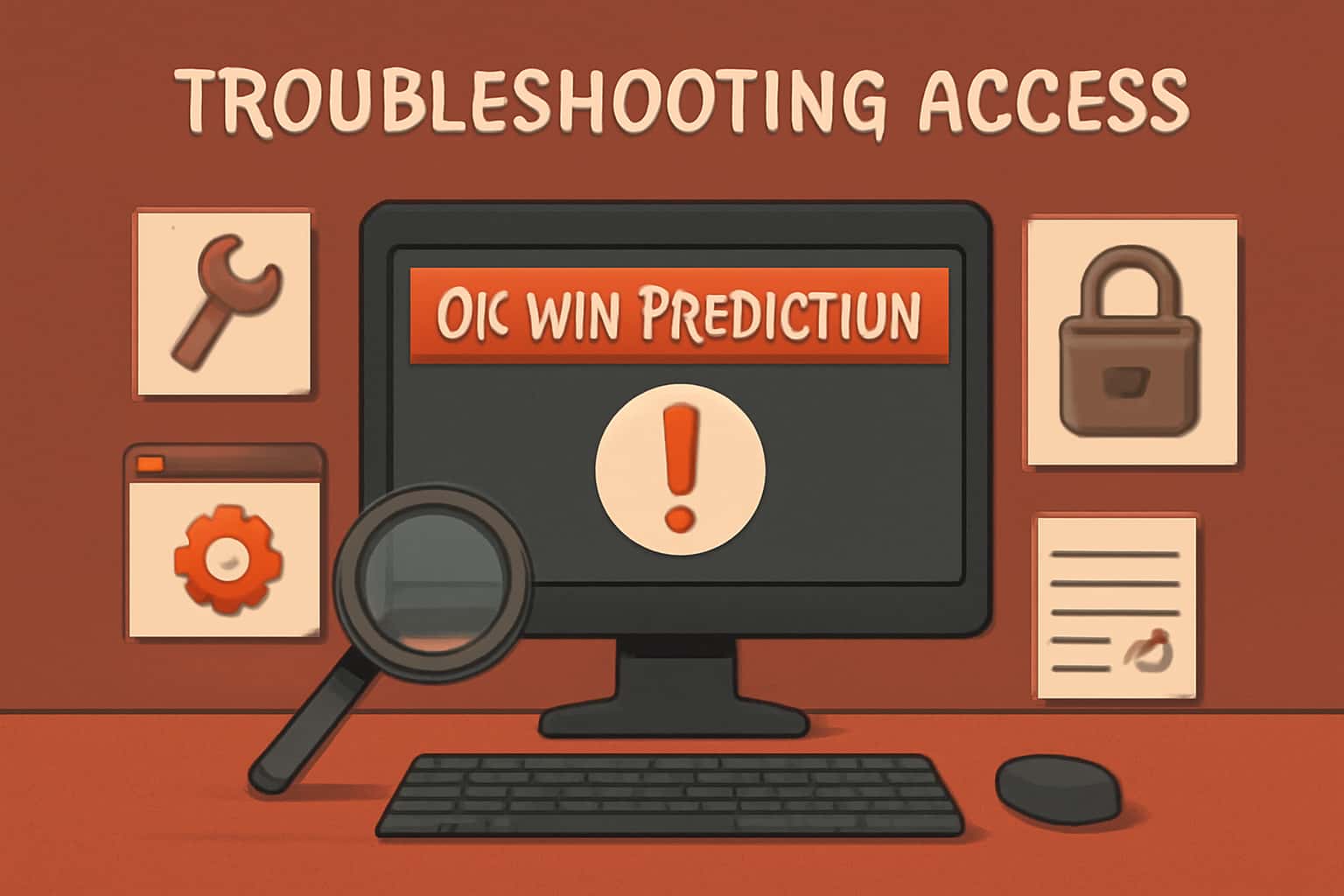 A futuristic scene depicting troubleshooting access in Ok Win Prediction with a prominent text display.